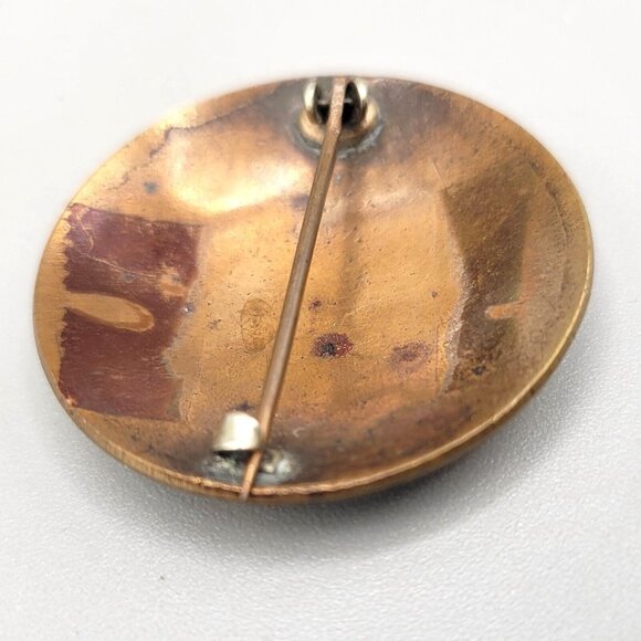 Antique Champleve Brooch Asian Geisha Enamel Copper Round Metal C Clasp - Picture 4 of 4